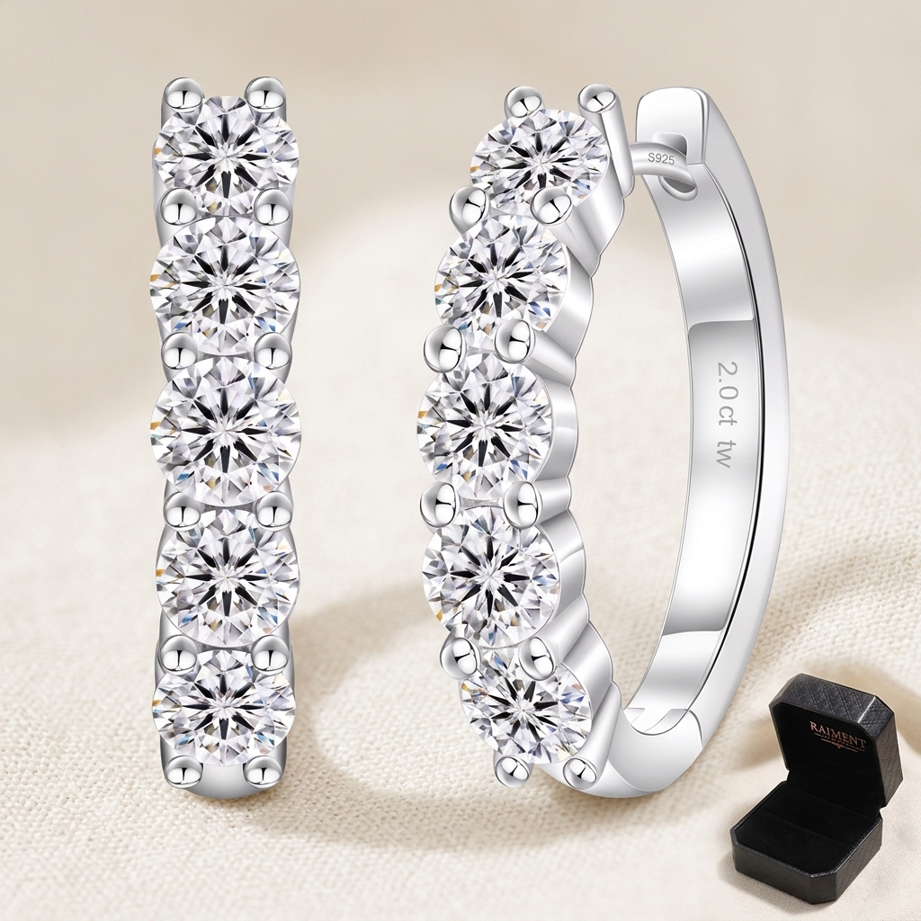 Moissanite graduated hoop earrings on cream background, Raiment Jewelry & Co.