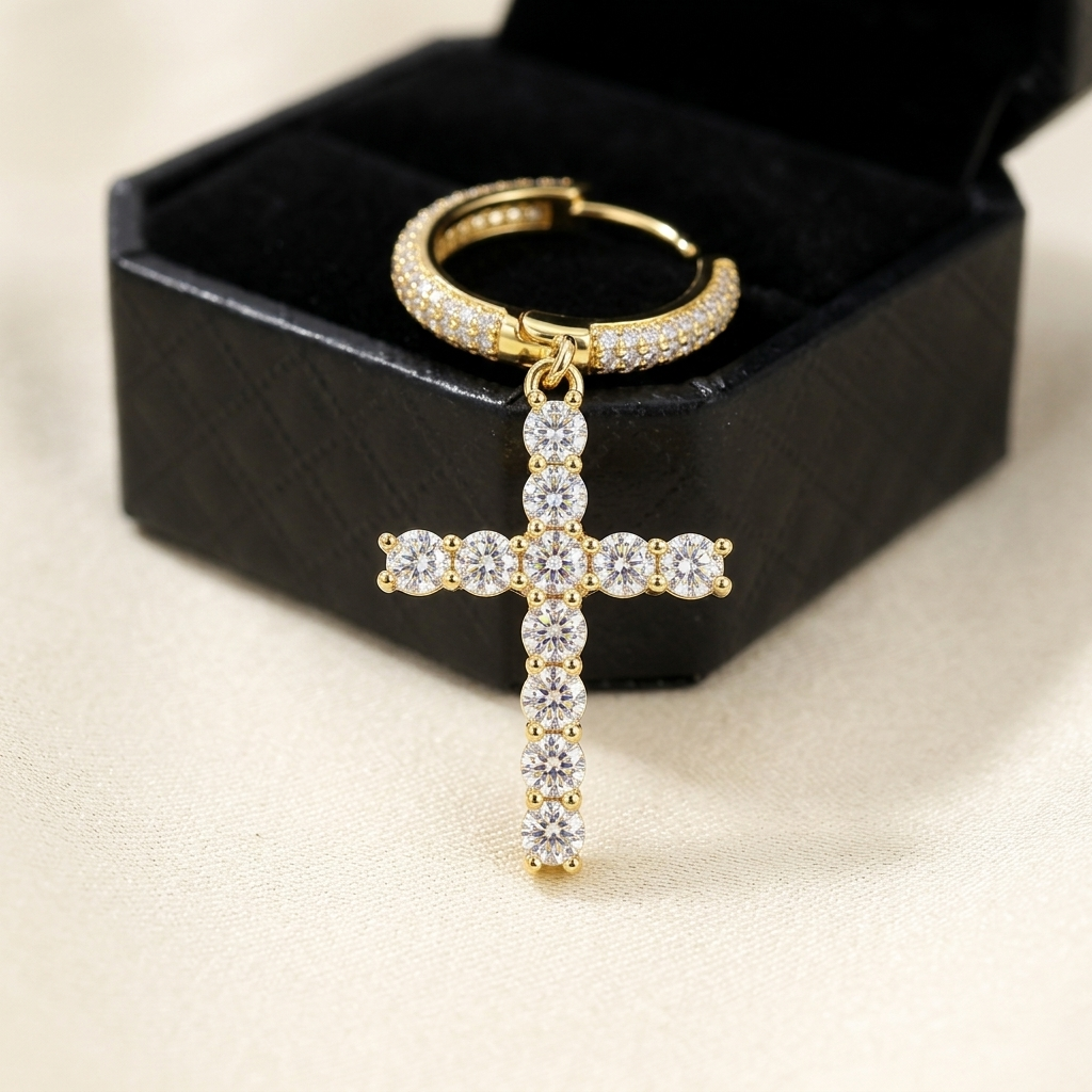 Moissanite cross huggie earrings macro close-up, Raiment Jewelry & Co.