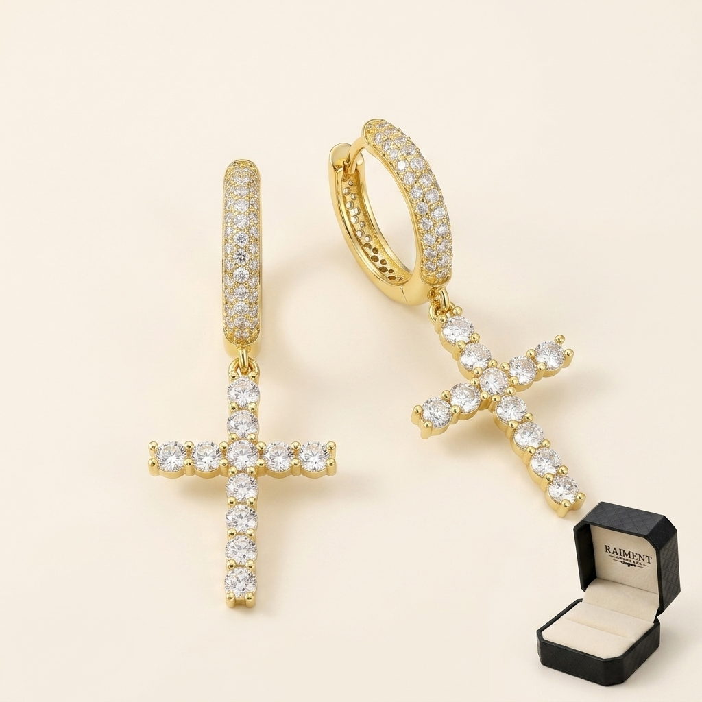 Moissanite cross huggie earrings on cream background, Raiment Jewelry & Co.