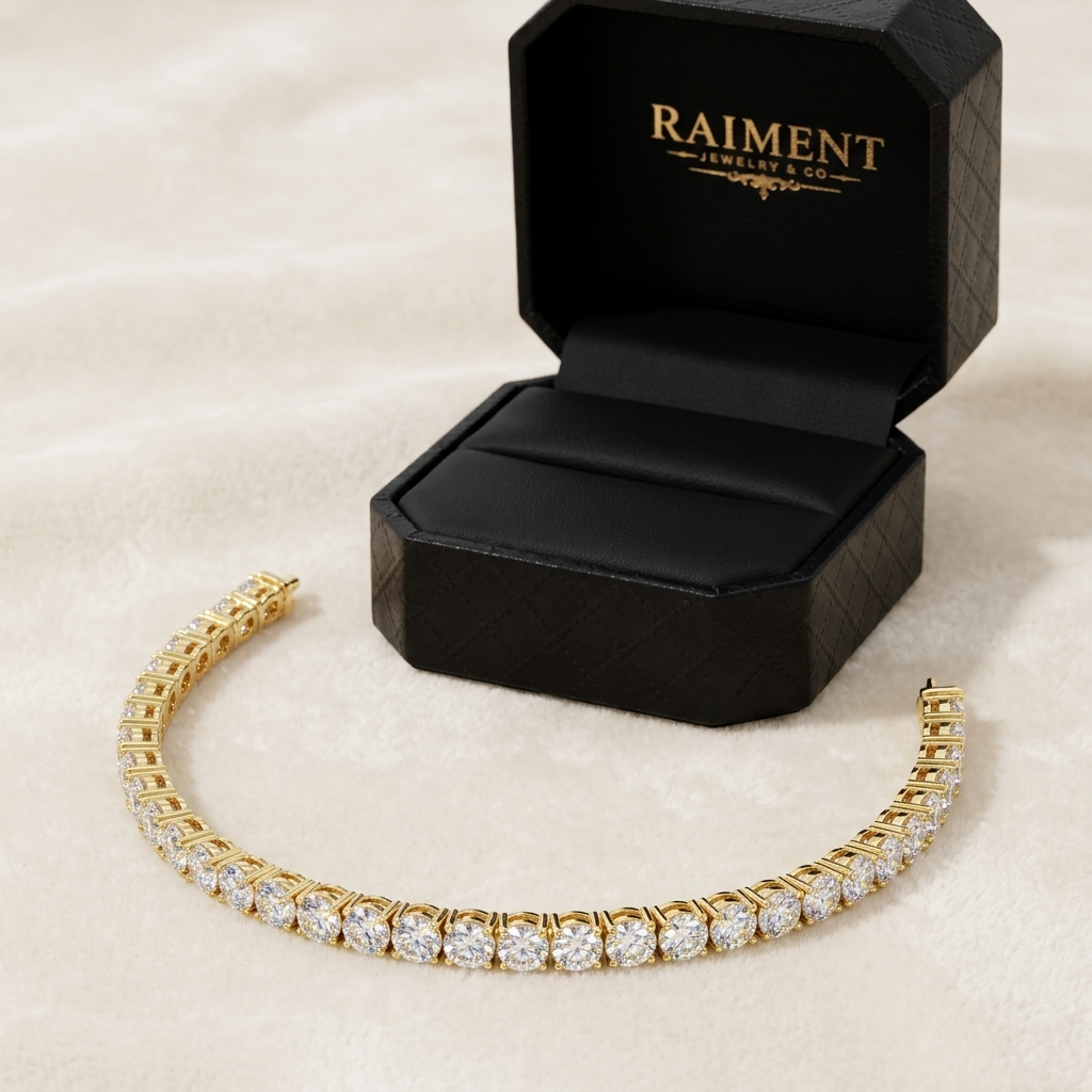 Raiment Jewelry & Co. moissanite tennis bracelet beside open jewelry box on cream background