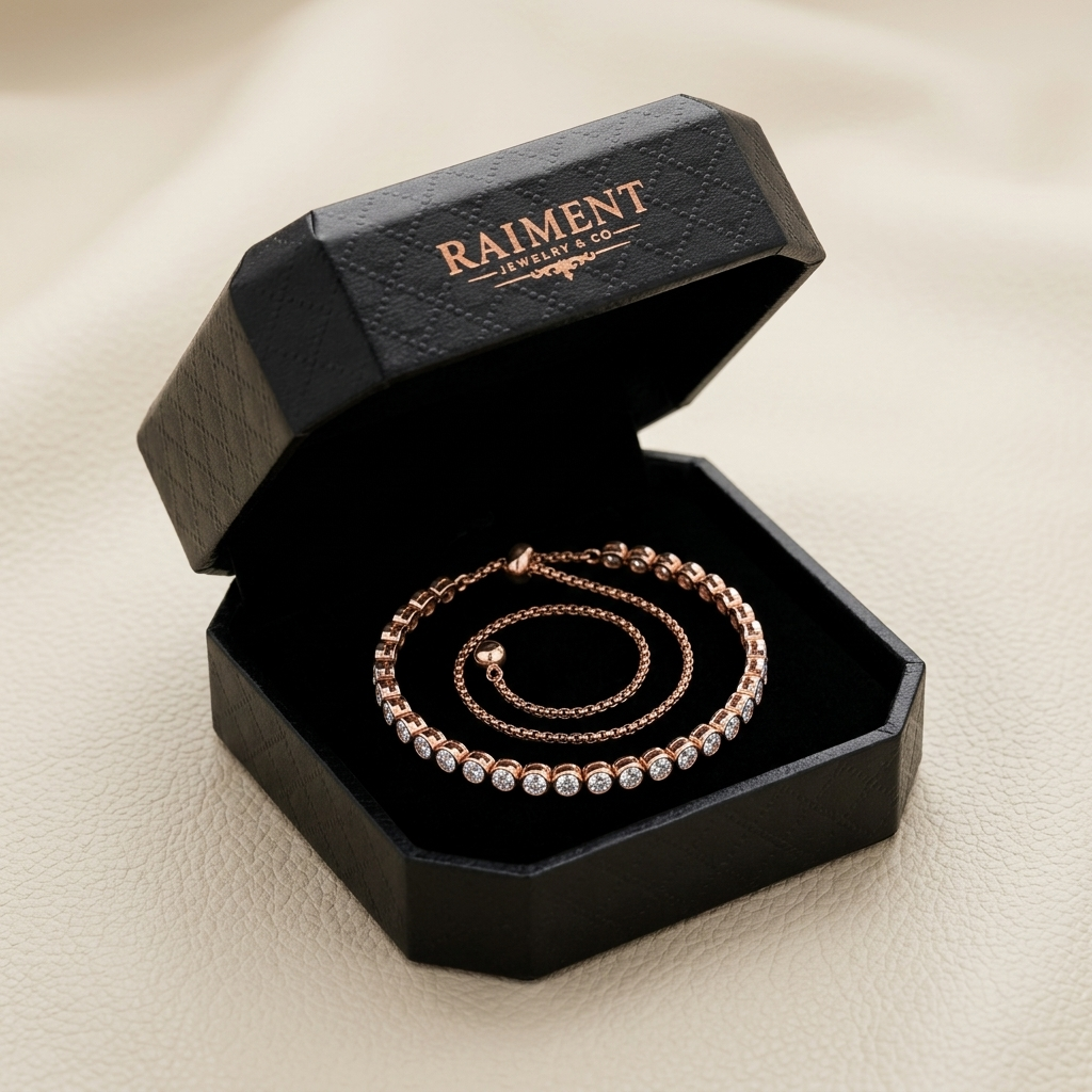 Moissanite tennis bracelet inside open jewelry box, Raiment Jewelry & Co.