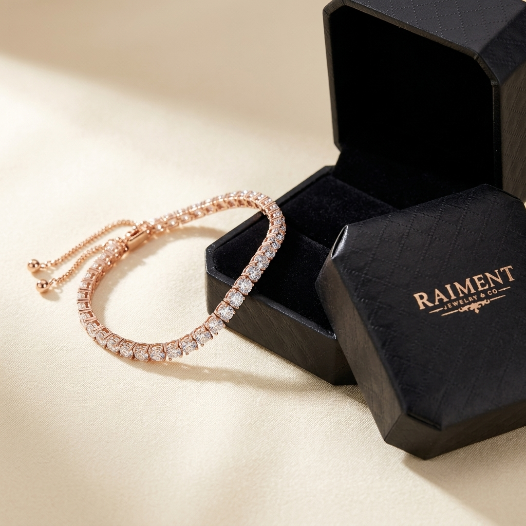 Moissanite tennis bracelet styled beside jewelry box on cream, Raiment Jewelry & Co.