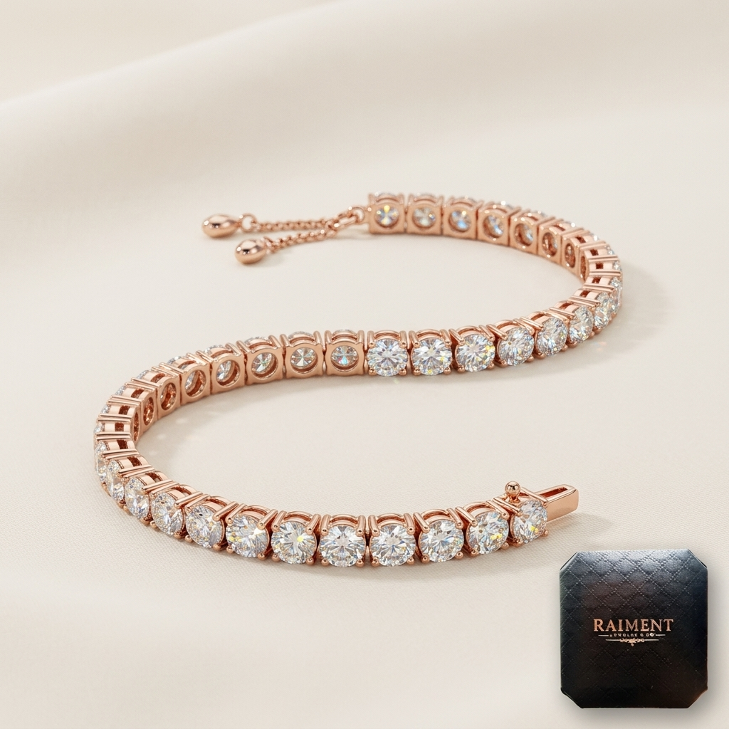 Moissanite tennis bracelet on cream background, Raiment Jewelry & Co.
