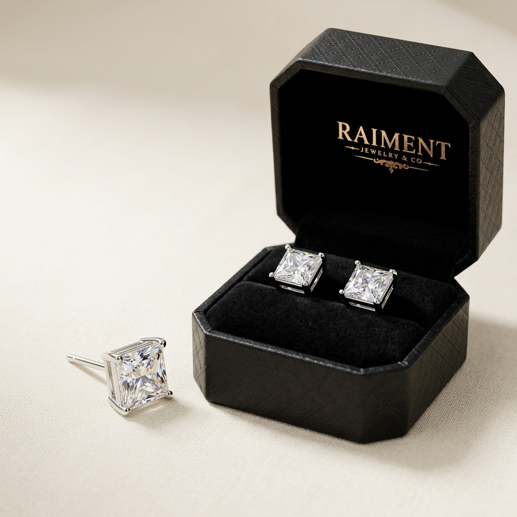 Raiment Jewelry & Co. moissanite princess-cut stud earrings beside open jewelry box on cream background