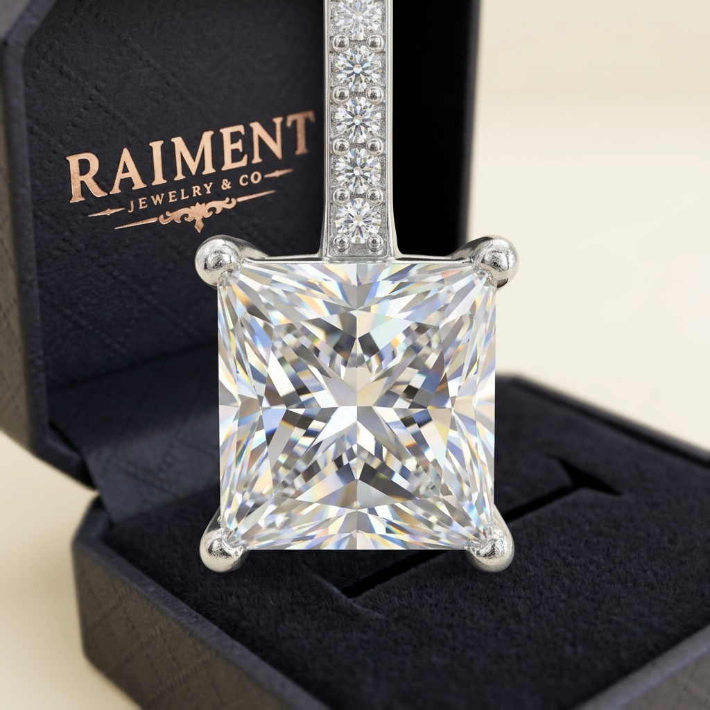 Moissanite princess-cut stud earrings macro close-up, Raiment Jewelry & Co.