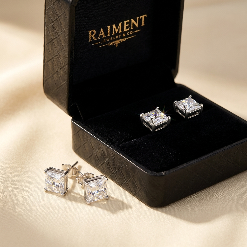 Moissanite princess-cut stud earrings styled beside jewelry box on cream, Raiment Jewelry & Co.