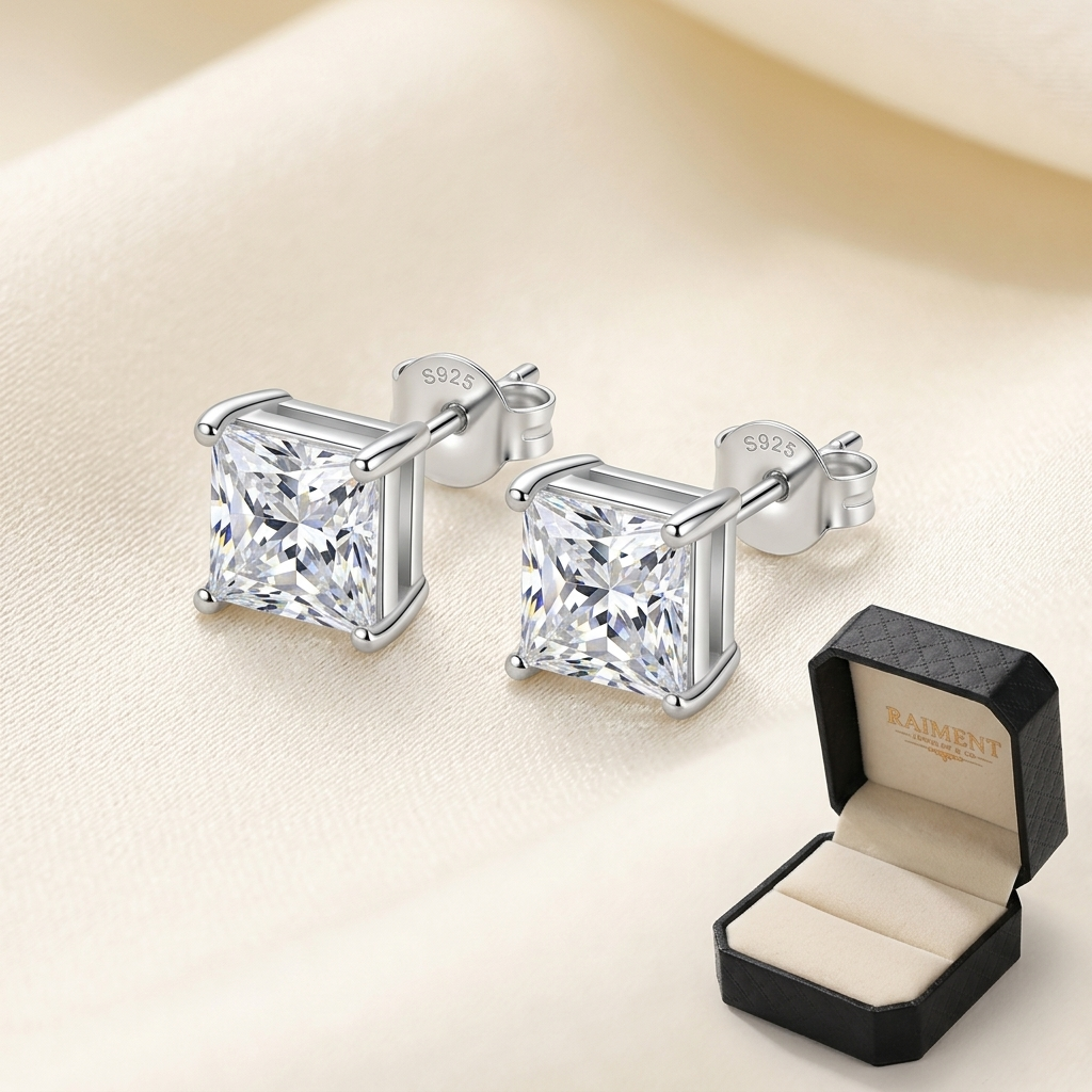Moissanite princess-cut stud earrings on cream background, Raiment Jewelry & Co.