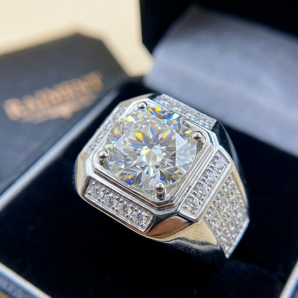 Men's moissanite signet ring macro close-up, Raiment Jewelry & Co.