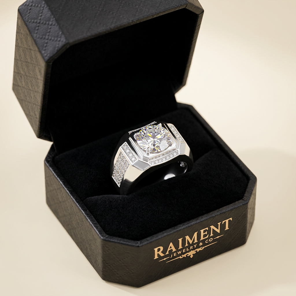 Men's moissanite signet ring inside open jewelry box, Raiment Jewelry & Co.