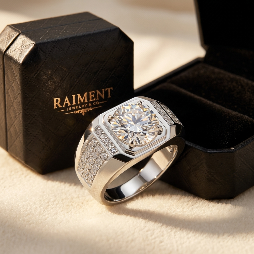 Men's moissanite signet ring styled beside jewelry box on cream, Raiment Jewelry & Co.