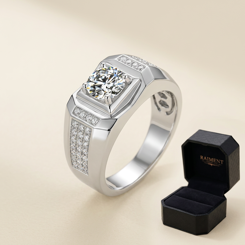 Men's moissanite signet ring on cream background, Raiment Jewelry & Co.