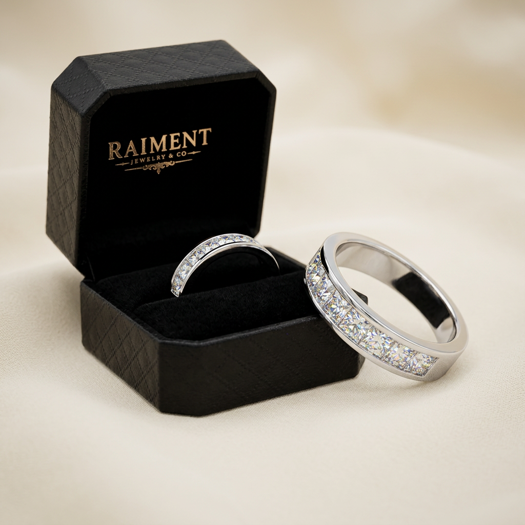 Raiment Jewelry & Co. men's moissanite channel-set ring beside open jewelry box on cream background