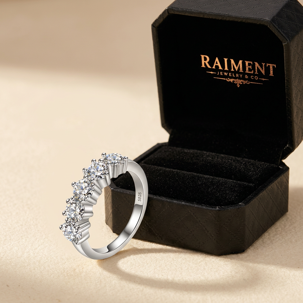 Men's moissanite channel-set ring styled beside jewelry box on cream, Raiment Jewelry & Co.