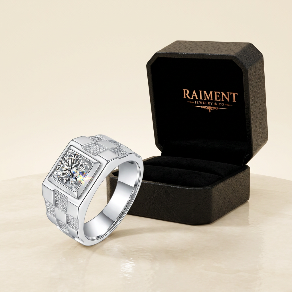 Raiment Jewelry & Co. men's moissanite step-shank ring beside open jewelry box on cream background