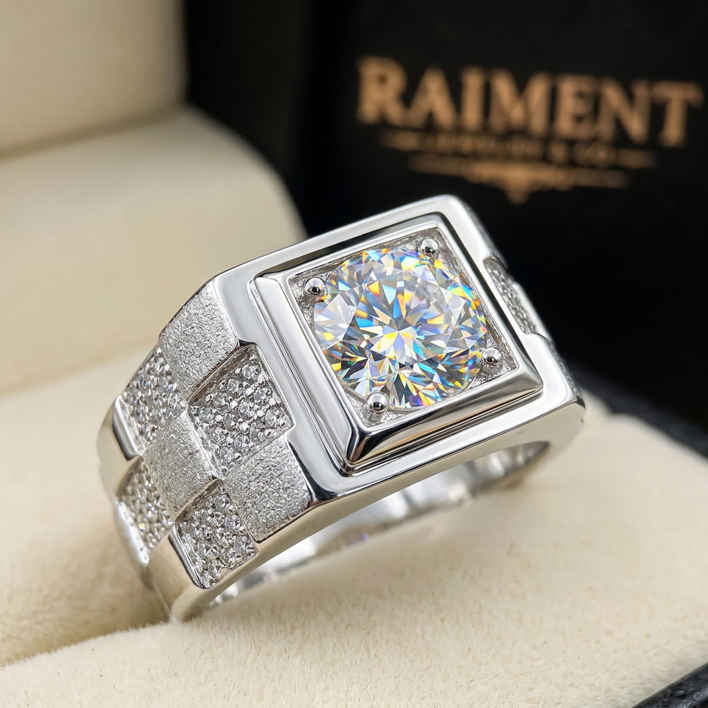 Men's moissanite step-shank ring macro close-up, Raiment Jewelry & Co.