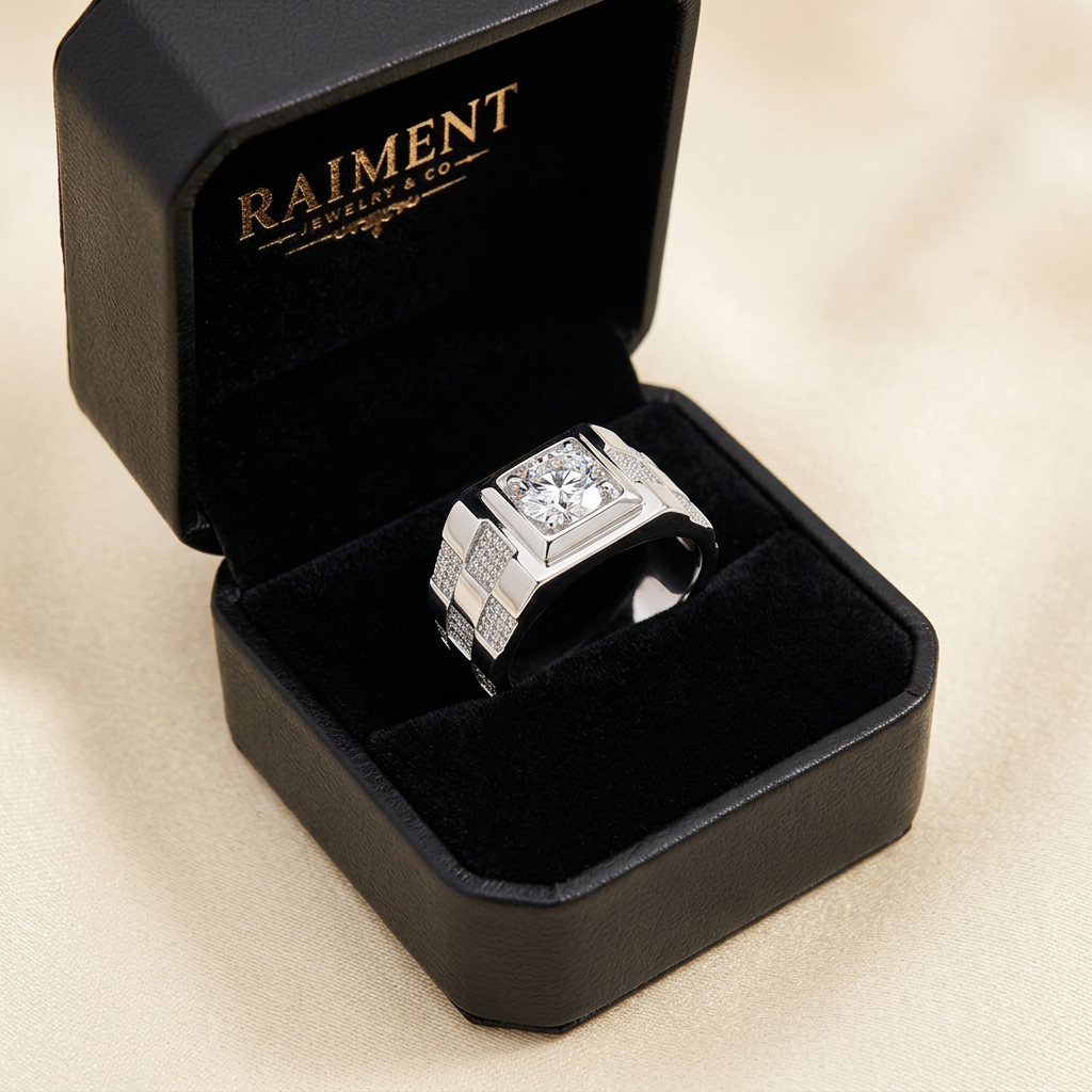 Men's moissanite step-shank ring inside open jewelry box, Raiment Jewelry & Co.
