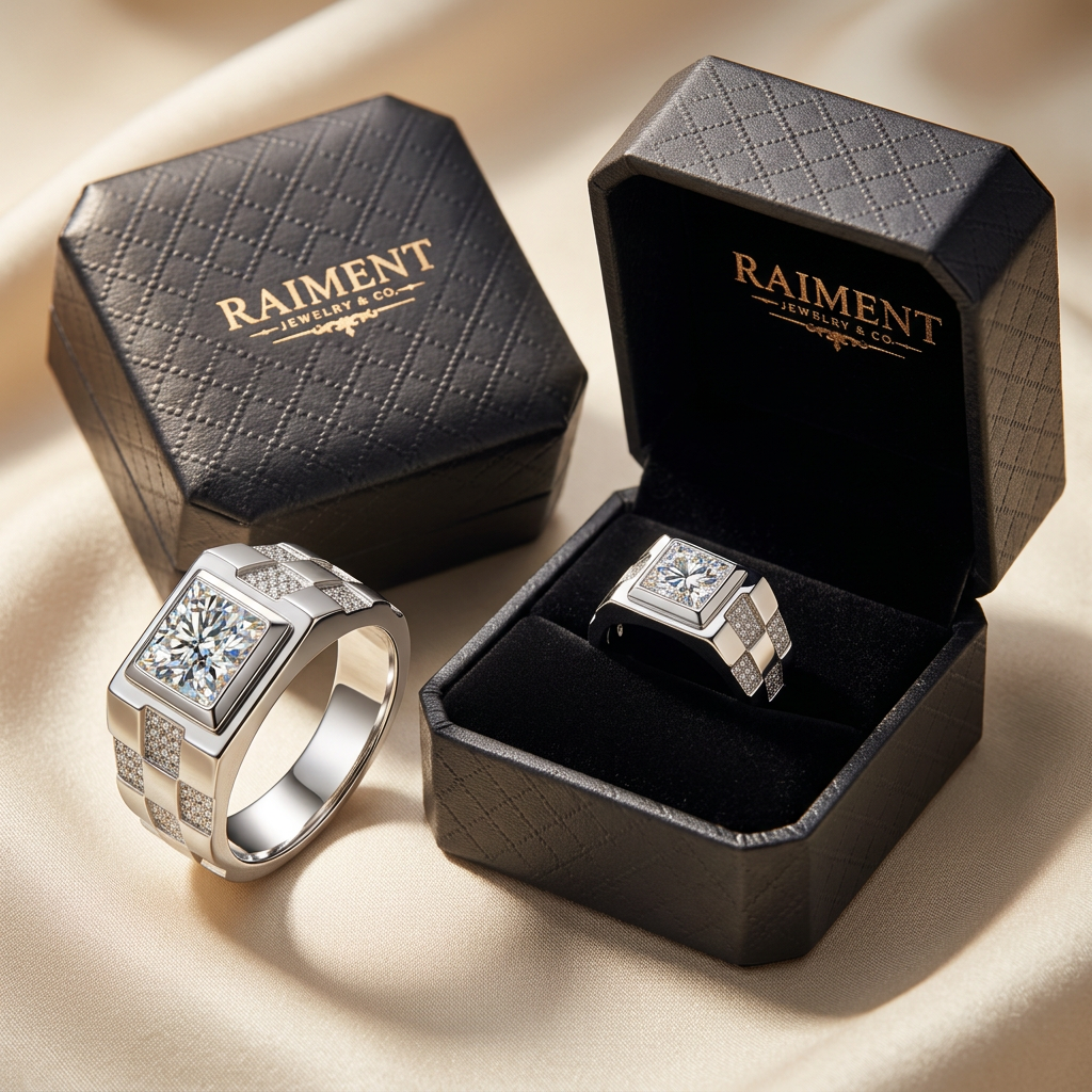 Men's moissanite step-shank ring styled beside jewelry box on cream, Raiment Jewelry & Co.
