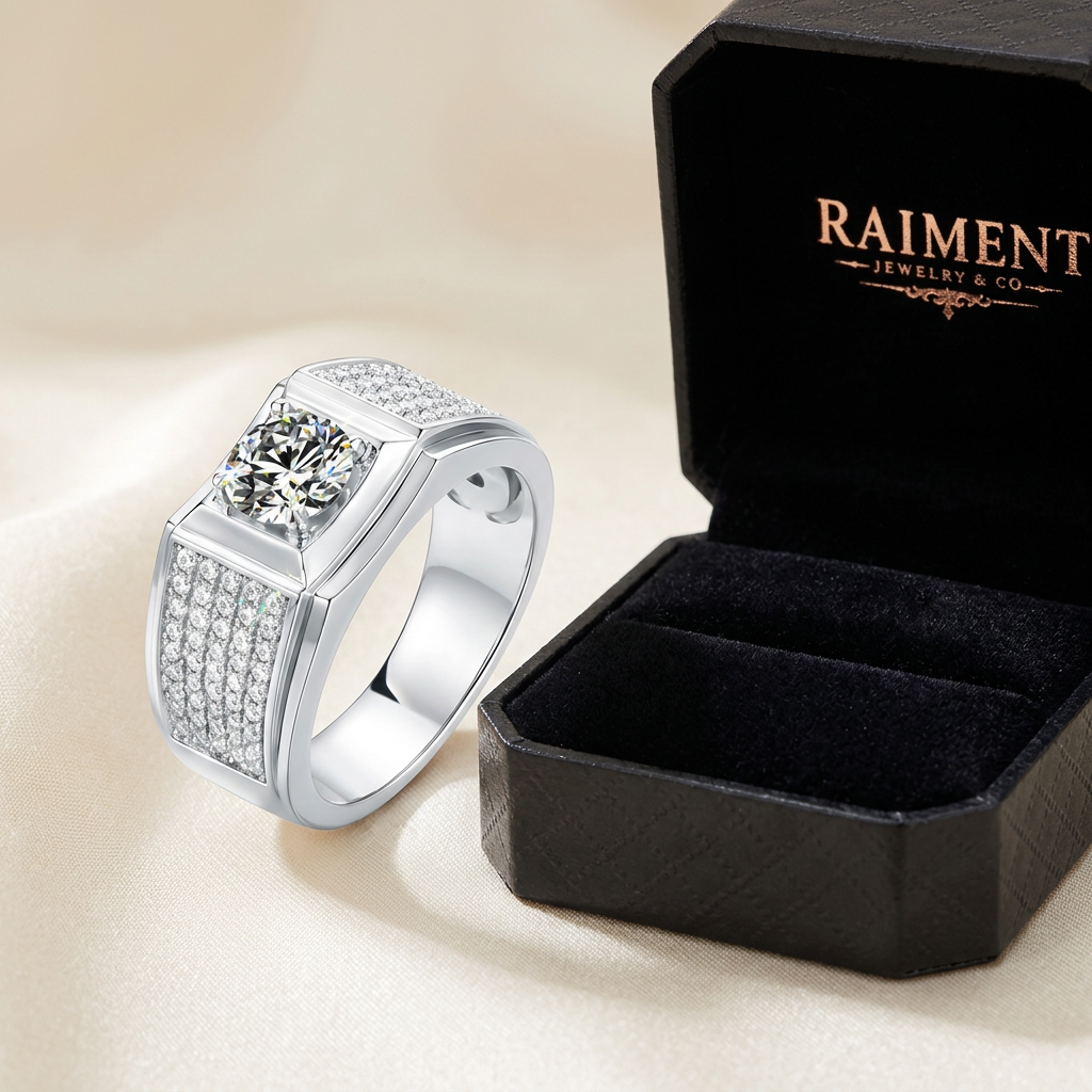 Raiment Jewelry & Co. men's moissanite square bezel ring beside open jewelry box on cream background