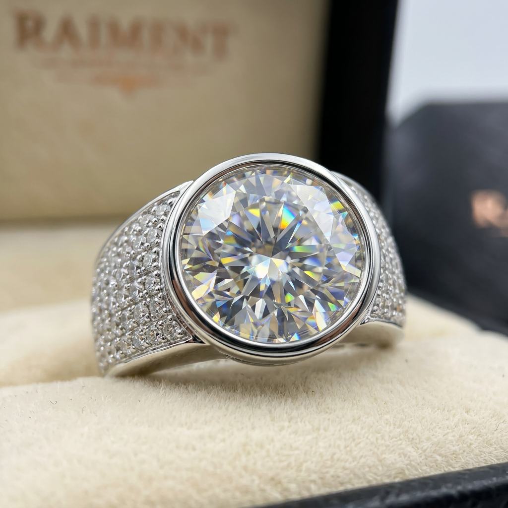 Men's moissanite square bezel ring macro close-up, Raiment Jewelry & Co.