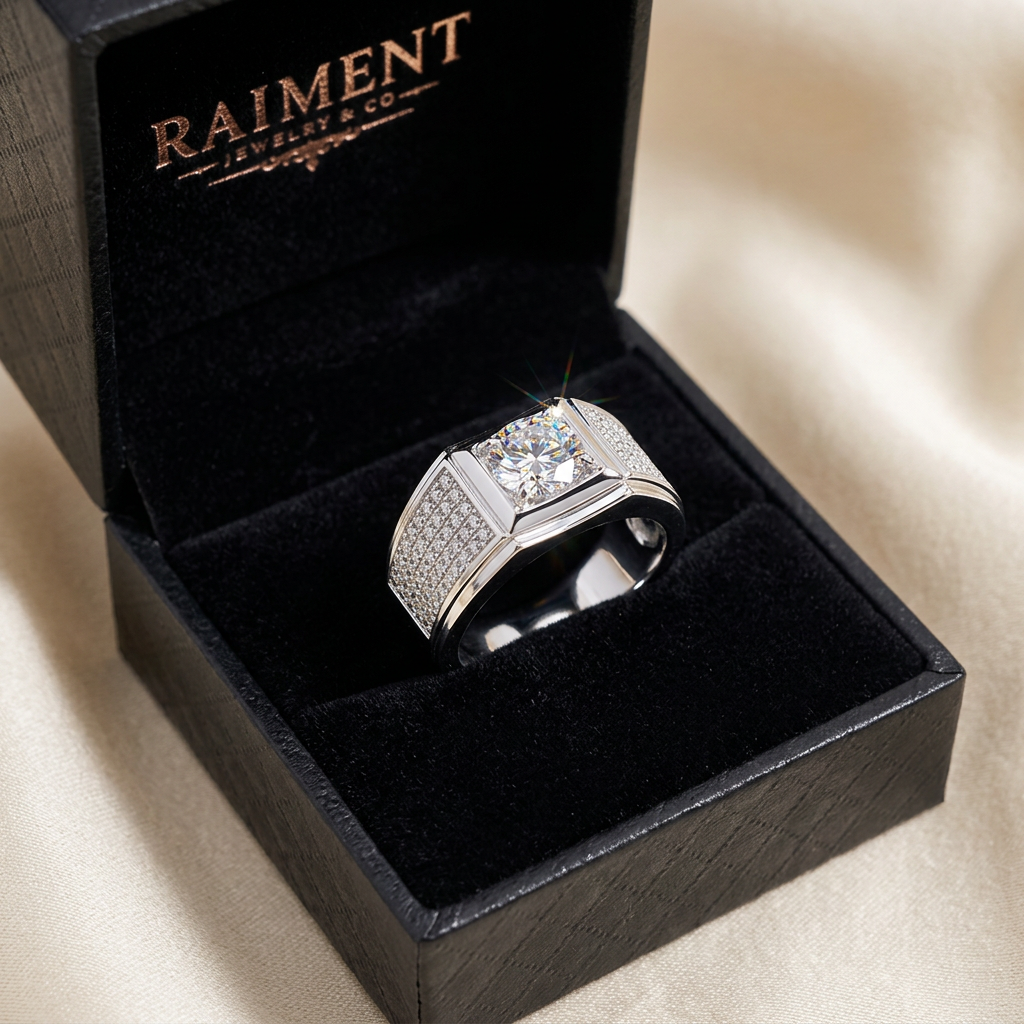 Men's moissanite square bezel ring inside open jewelry box, Raiment Jewelry & Co.