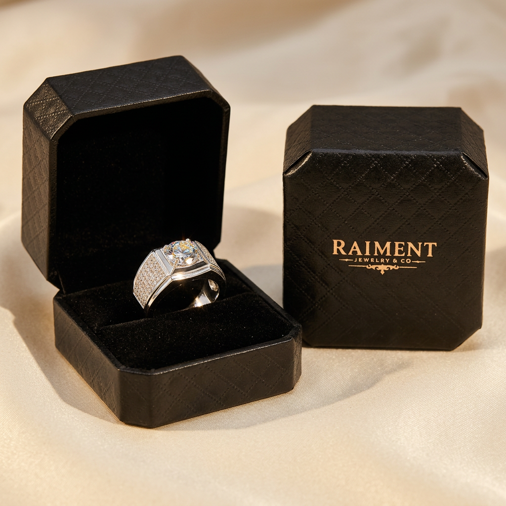 Men's moissanite square bezel ring styled beside jewelry box on cream, Raiment Jewelry & Co.