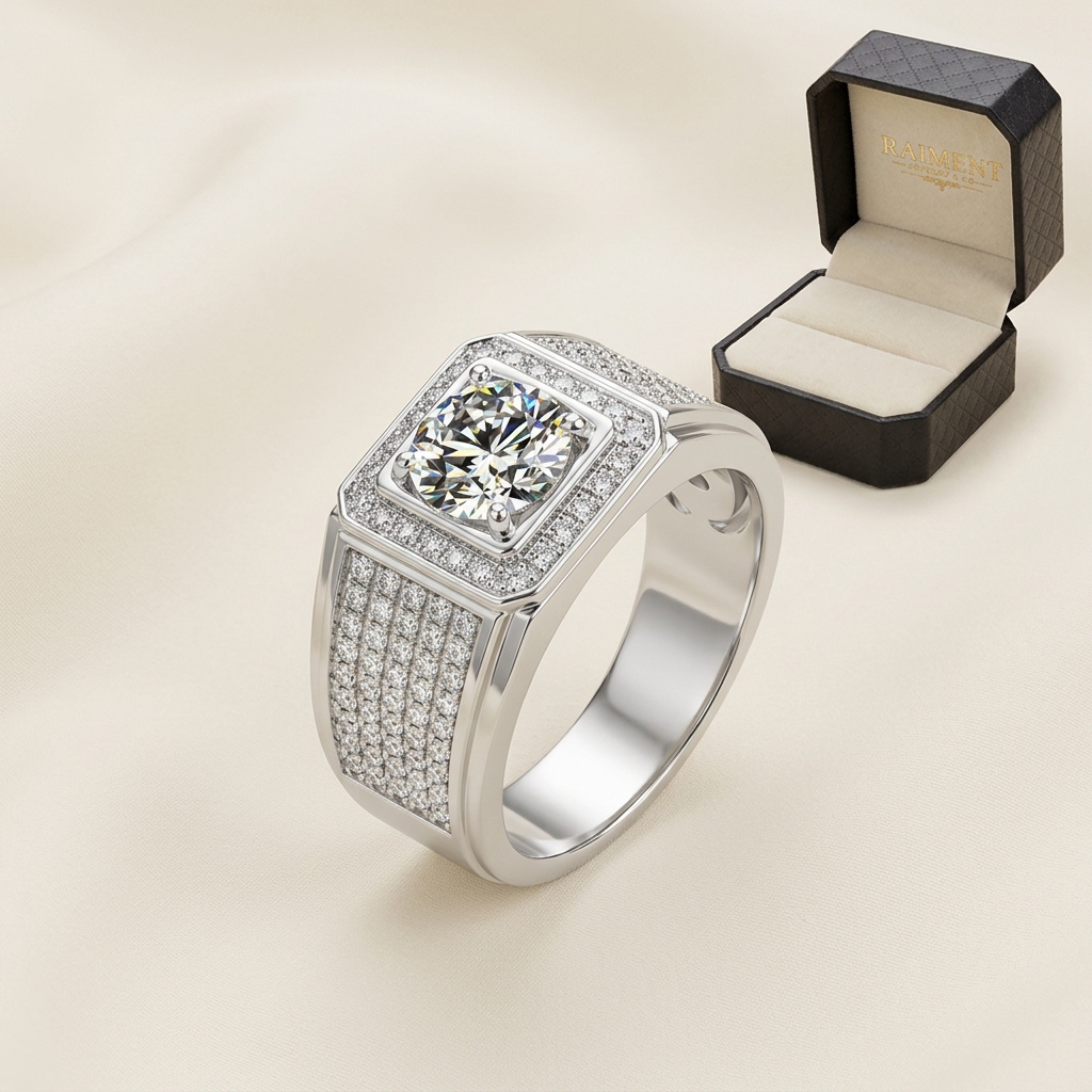 Men's moissanite square bezel ring on cream background, Raiment Jewelry & Co.
