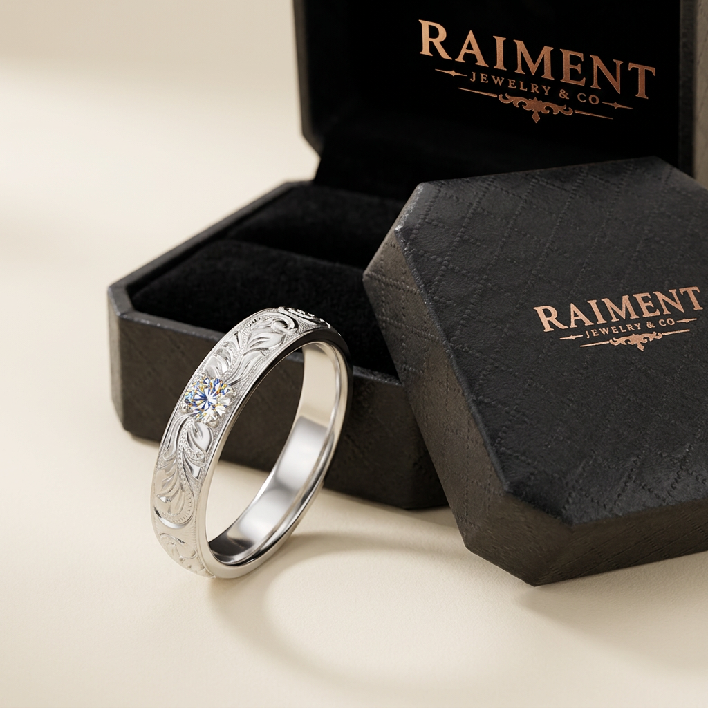 Raiment Jewelry & Co. men's moissanite classic band ring beside open jewelry box on cream background