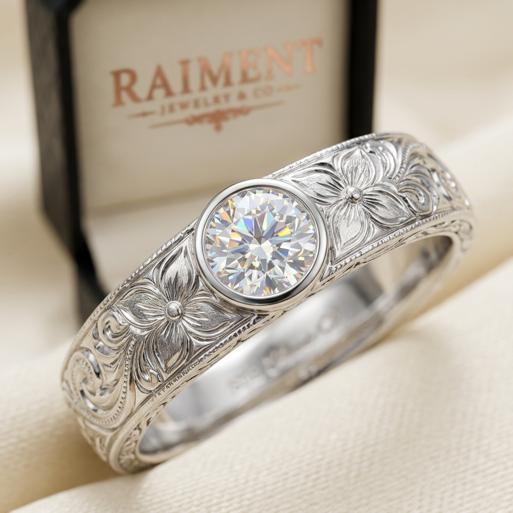 Men's moissanite classic band ring macro close-up, Raiment Jewelry & Co.