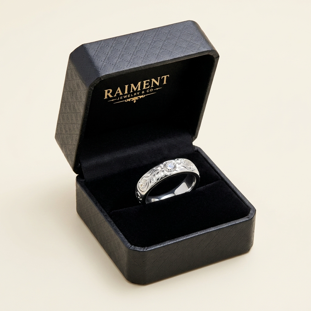 Men's moissanite classic band ring inside open jewelry box, Raiment Jewelry & Co.