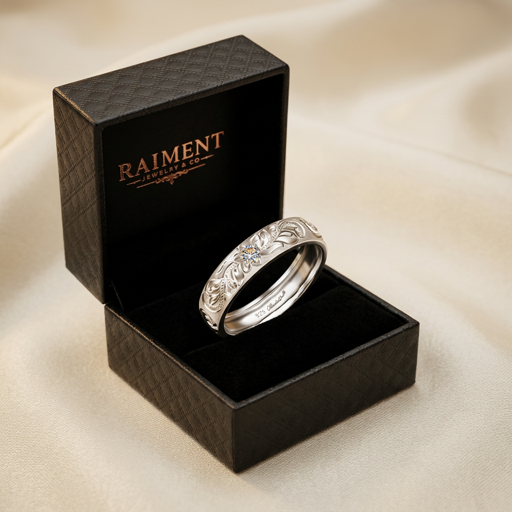Men's moissanite classic band ring styled beside jewelry box on cream, Raiment Jewelry & Co.
