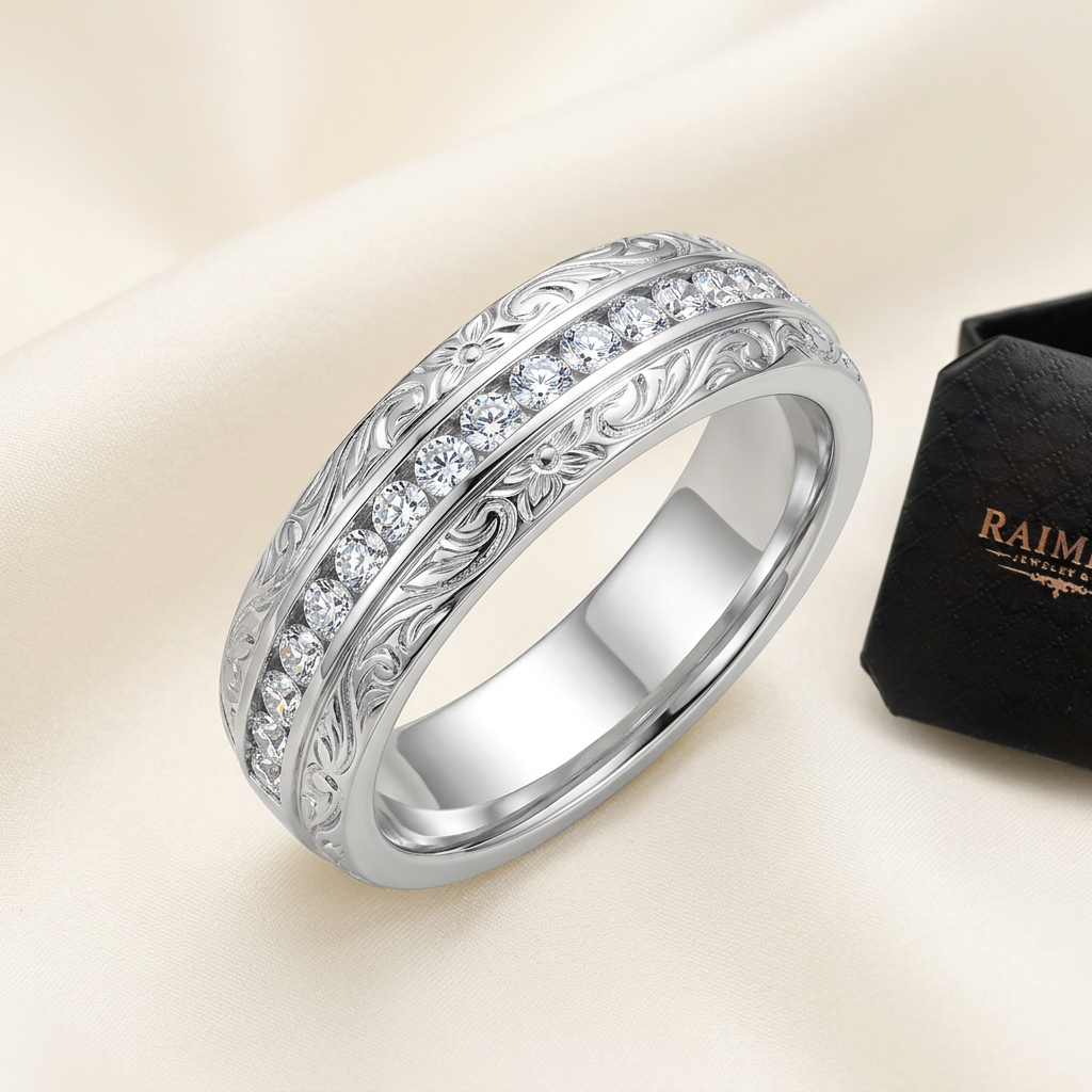 Men's moissanite classic band ring on cream background, Raiment Jewelry & Co.
