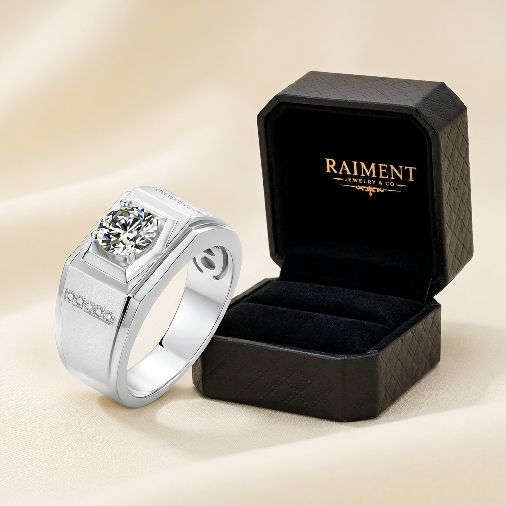Raiment Jewelry & Co. men's moissanite pave shoulder ring beside open jewelry box on cream background