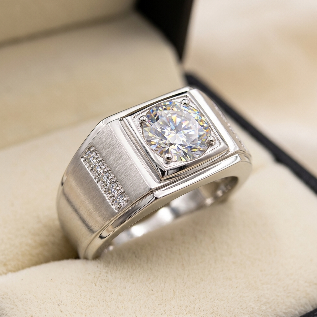 Men's moissanite pave shoulder ring macro close-up, Raiment Jewelry & Co.