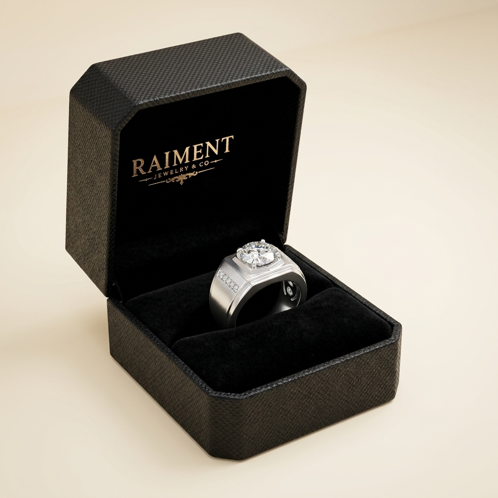 Men's moissanite pave shoulder ring inside open jewelry box, Raiment Jewelry & Co.