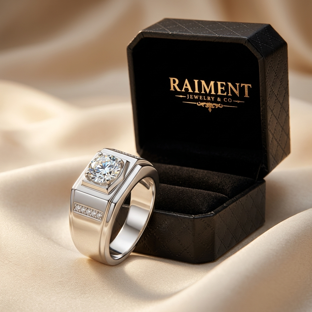 Men's moissanite pave shoulder ring styled beside jewelry box on cream, Raiment Jewelry & Co.