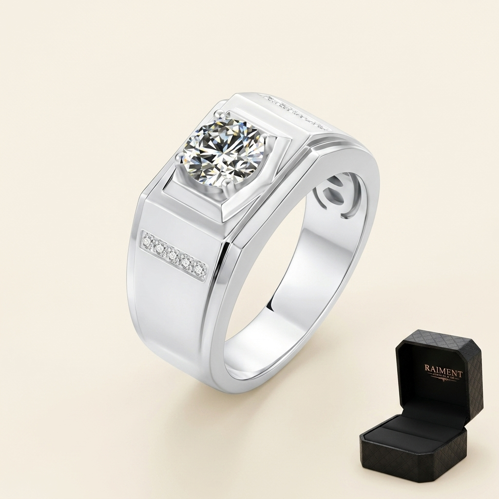 Men's moissanite pave shoulder ring on cream background, Raiment Jewelry & Co.
