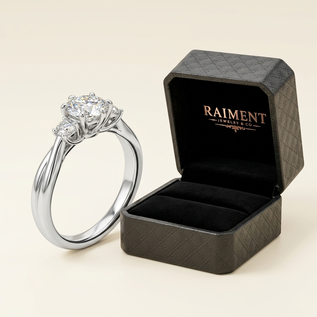 Raiment Jewelry & Co. men's moissanite polished ring beside open jewelry box on cream background