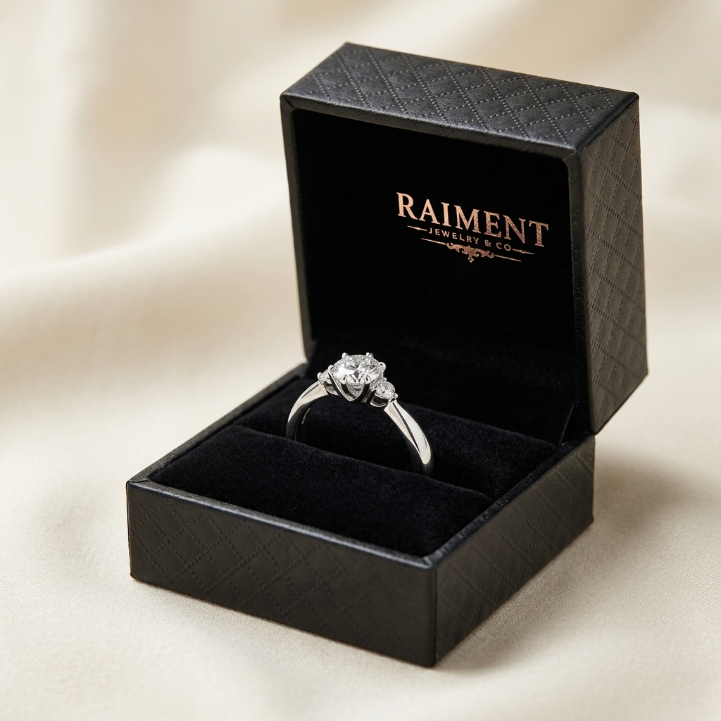 Men's moissanite polished ring inside open jewelry box, Raiment Jewelry & Co.