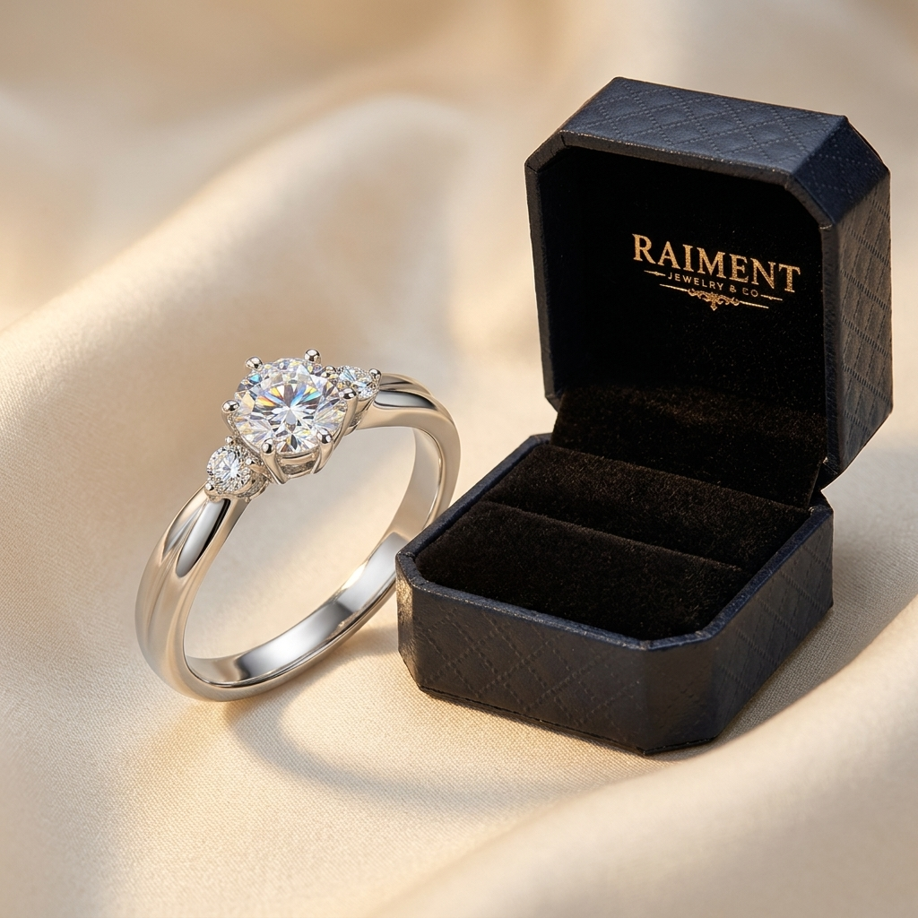 Men's moissanite polished ring styled beside jewelry box on cream, Raiment Jewelry & Co.