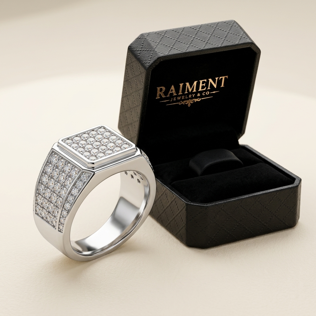 Raiment Jewelry & Co. men's moissanite grid-pave ring beside open jewelry box on cream background