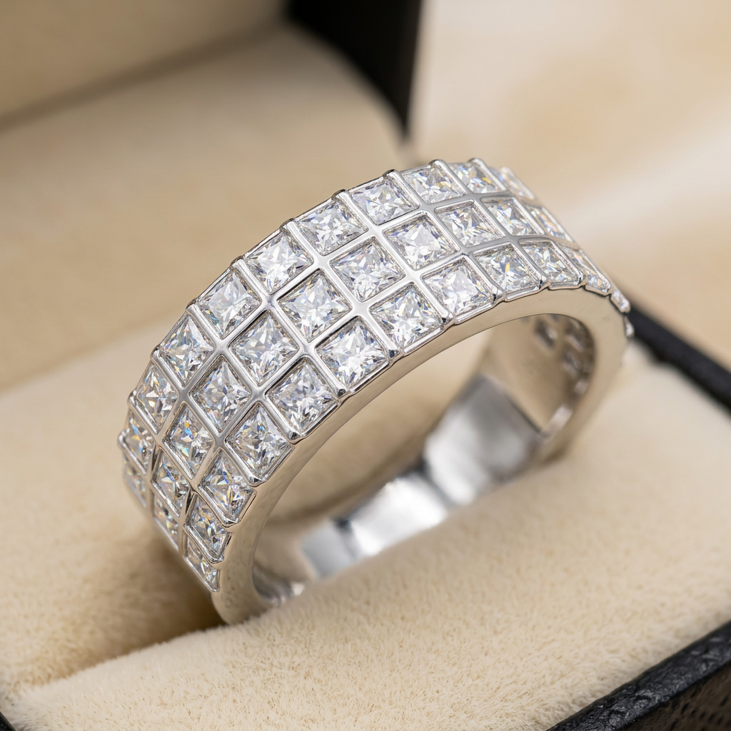 Men's moissanite grid-pave ring macro close-up, Raiment Jewelry & Co.