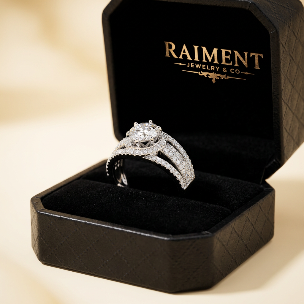 Men's moissanite grid-pave ring inside open jewelry box, Raiment Jewelry & Co.