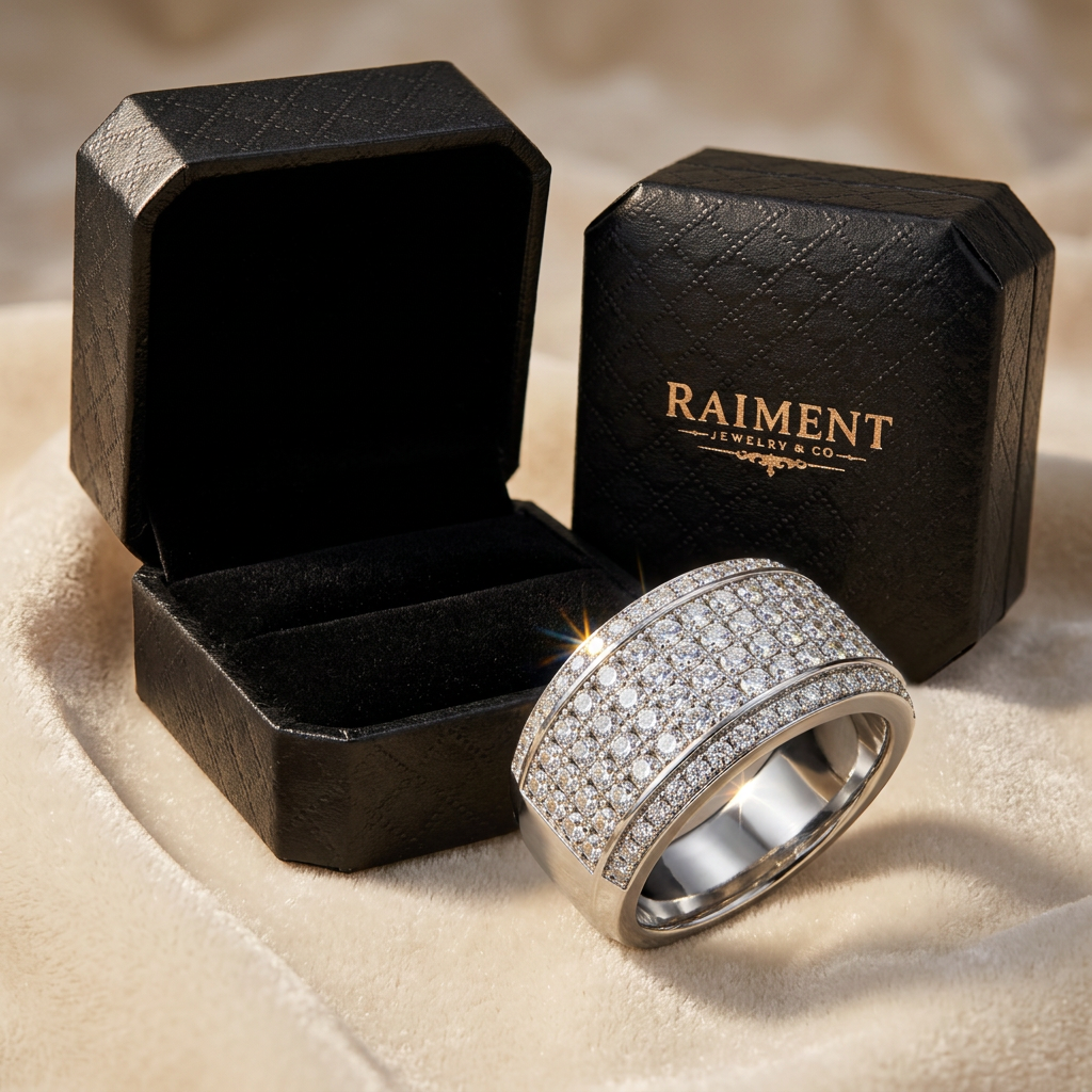 Men's moissanite grid-pave ring styled beside jewelry box on cream, Raiment Jewelry & Co.