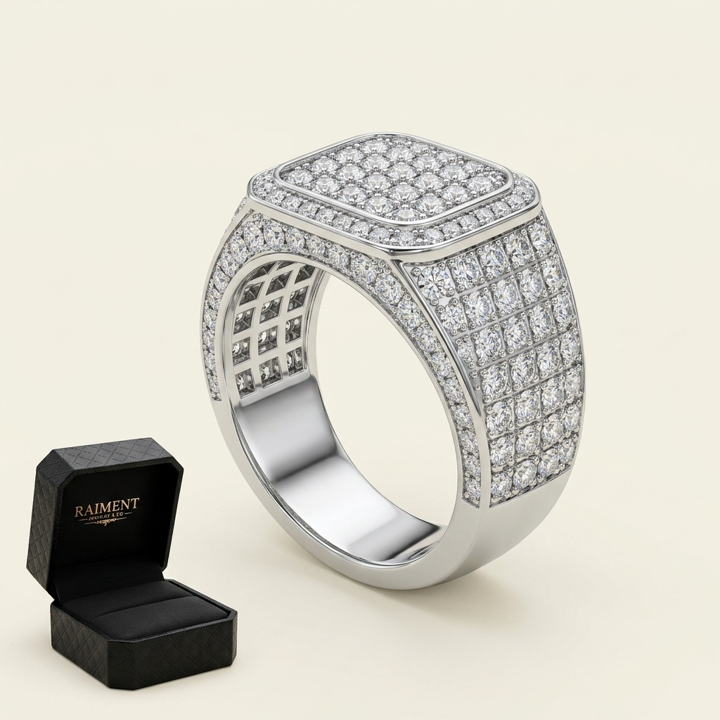 Men's moissanite grid-pave ring on cream background, Raiment Jewelry & Co.