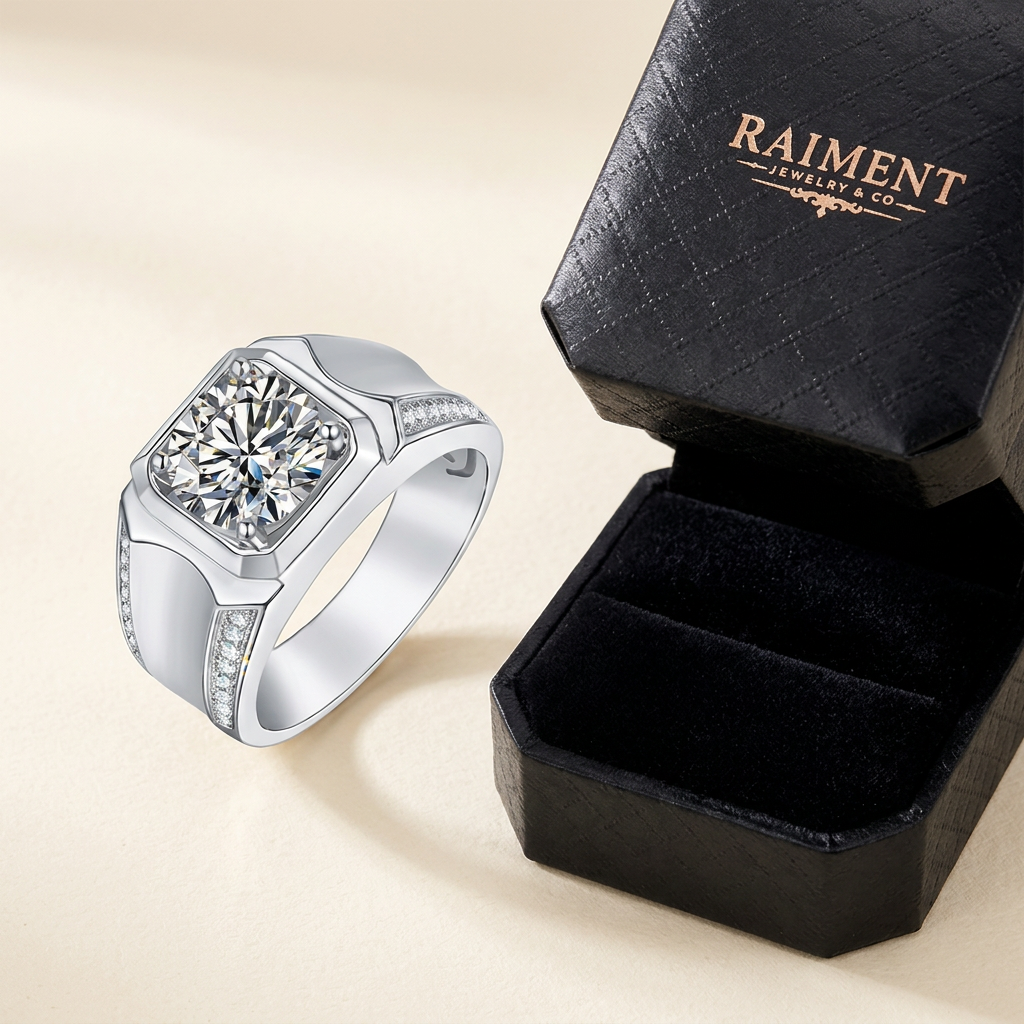 Raiment Jewelry & Co. men's moissanite emblem ring beside open jewelry box on cream background