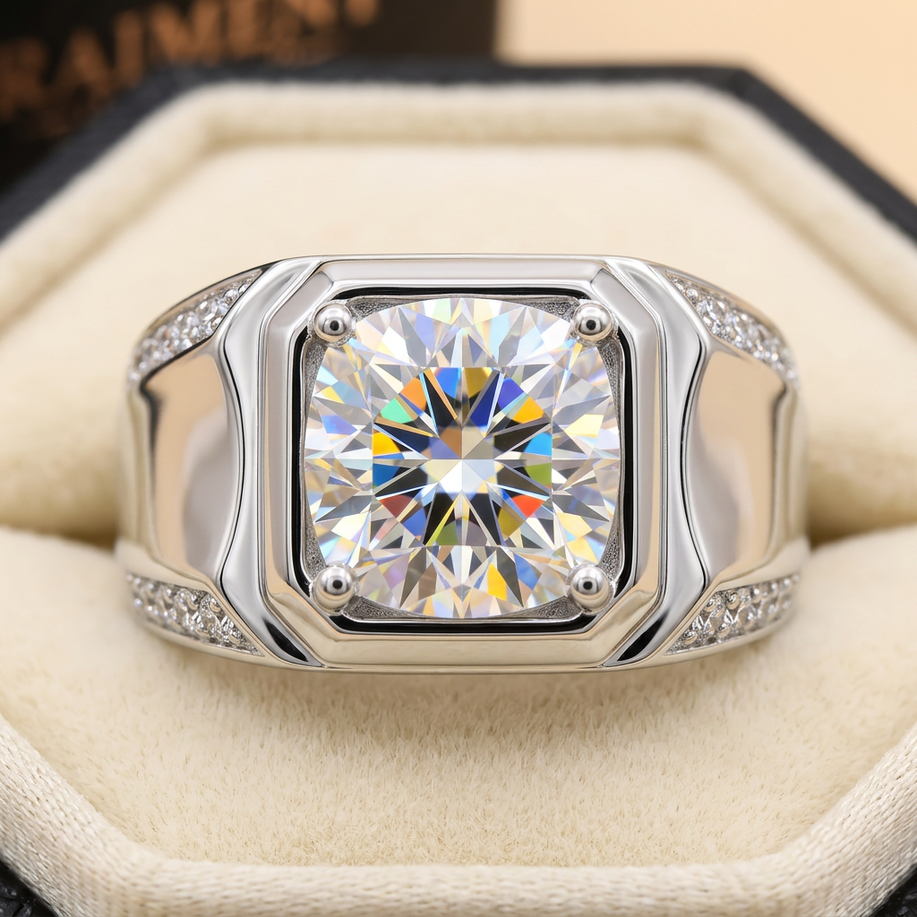 Men's moissanite emblem ring macro close-up, Raiment Jewelry & Co.