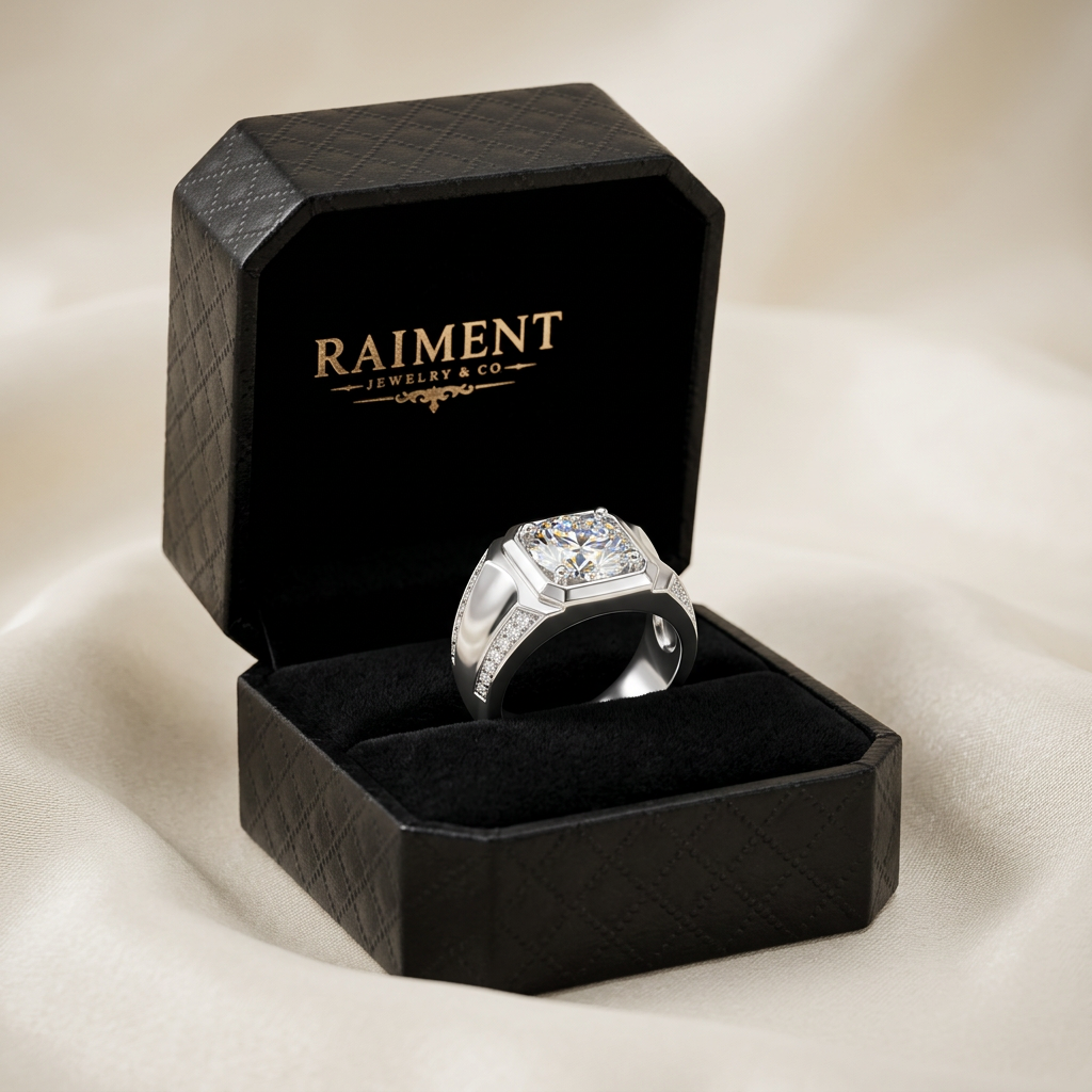 Men's moissanite emblem ring inside open jewelry box, Raiment Jewelry & Co.