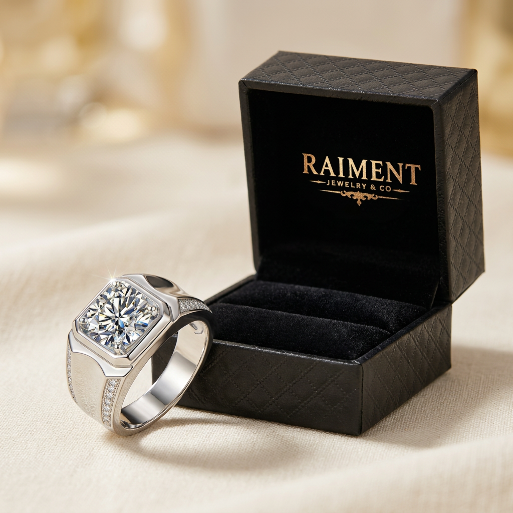 Men's moissanite emblem ring styled beside jewelry box on cream, Raiment Jewelry & Co.