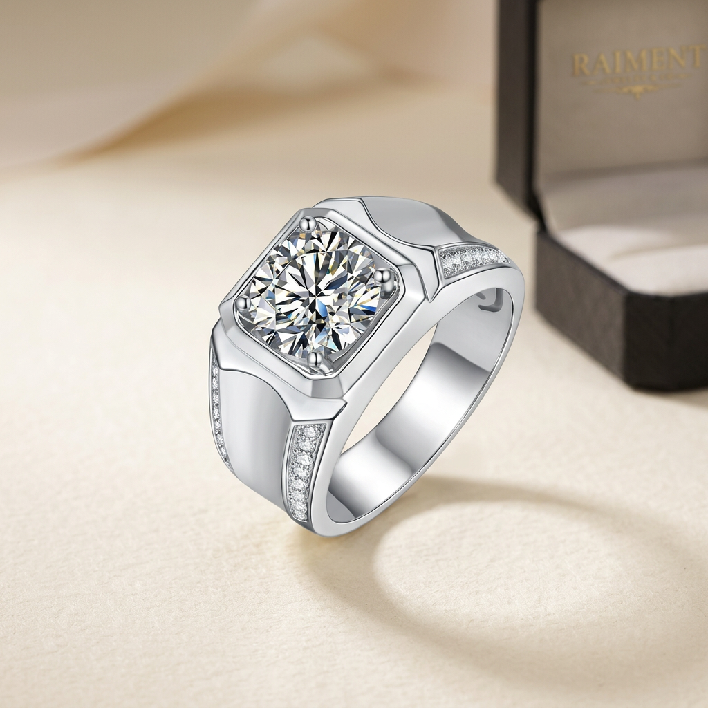 Men's moissanite emblem ring on cream background, Raiment Jewelry & Co.