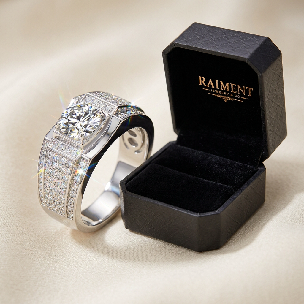 Raiment Jewelry & Co. men's moissanite full-pave ring beside open jewelry box on cream background